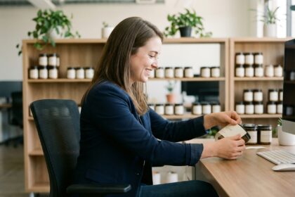 Jeune femme professionnelle posant des étiquettes sur emballages