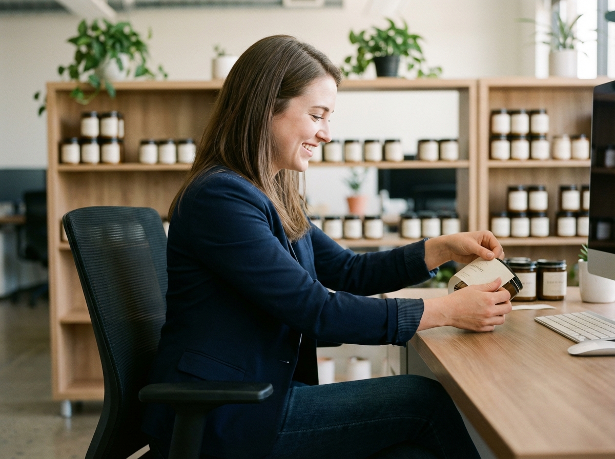 Jeune femme professionnelle posant des étiquettes sur emballages