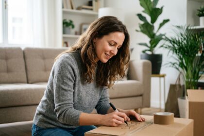 Femme souriante préparant ses cartons de déménagement dans un salon