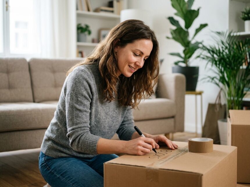 Femme souriante préparant ses cartons de déménagement dans un salon