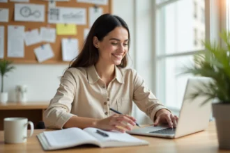 Femme entrepreneur travaillant sur son ordinateur portable dans un bureau à domicile organisé, entourée de notes et d'un tableau de vision pour créer son activité