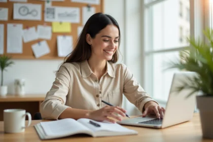Femme entrepreneur travaillant sur son ordinateur portable dans un bureau à domicile organisé, entourée de notes et d'un tableau de vision pour créer son activité