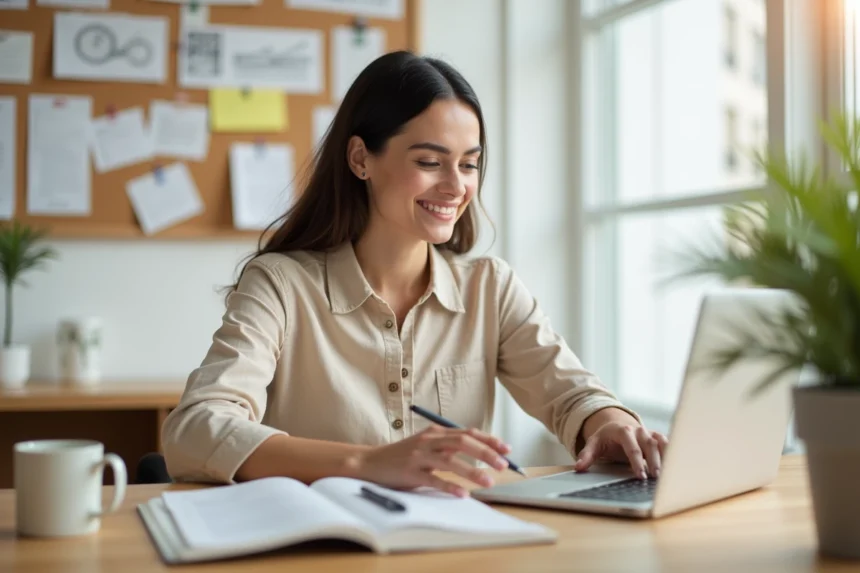 Femme entrepreneur travaillant sur son ordinateur portable dans un bureau à domicile organisé, entourée de notes et d'un tableau de vision pour créer son activité