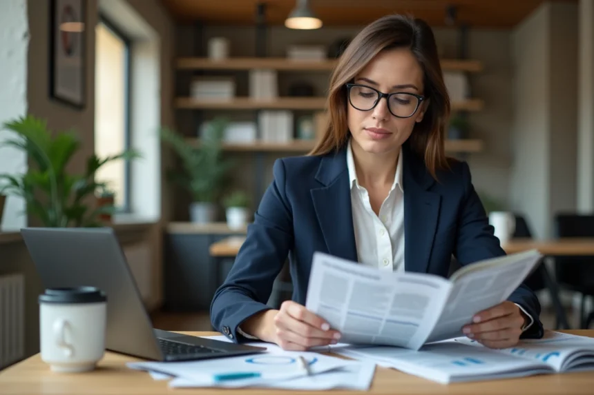 Femme entrepreneur lisant un abonnement au journal des entrepreneurs à son bureau en open space moderne