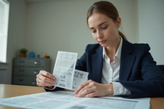 Jeune femme en blazer examine un papier de securite filigrane