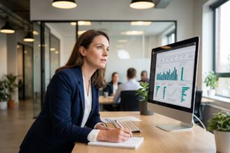 Femme professionnelle étudiant un tableau de bord Power BI sur un écran d'ordinateur dans un bureau moderne, prenant des notes
