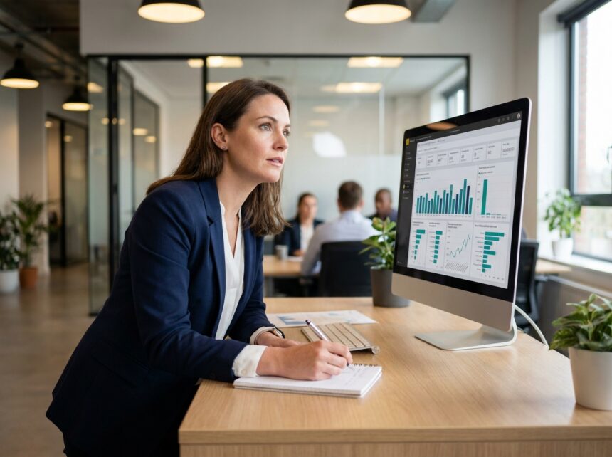 Femme professionnelle étudiant un tableau de bord Power BI sur un écran d'ordinateur dans un bureau moderne, prenant des notes