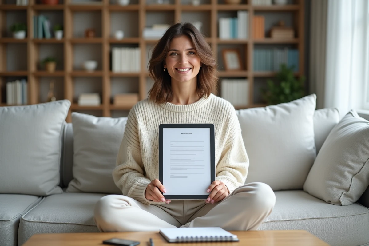 Femme consultant un formulaire de création d'activité en ligne sur une tablette depuis son salon, illustrant la simplicité de la méthode formanovadigital