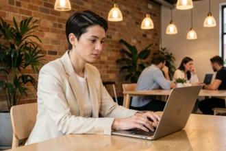 Femme freelance concentrée travaillant sur son ordinateur portable dans un espace de coworking moderne avec des murs en briques apparentes