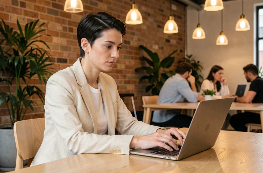 Femme freelance concentrée travaillant sur son ordinateur portable dans un espace de coworking moderne avec des murs en briques apparentes