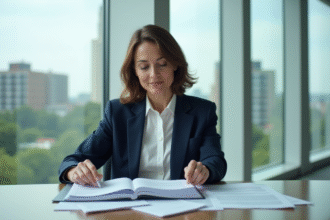 Femme d affaires vérifiant des documents environnementaux