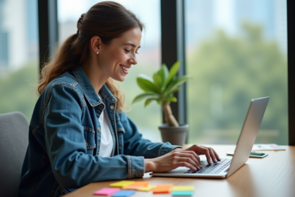 Femme souriante travaillant sur un laptop en marketing digital