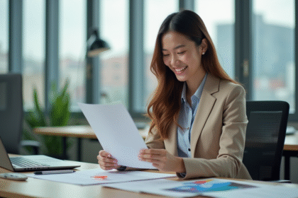 Jeune femme souriante examine un flyer dans un bureau moderne