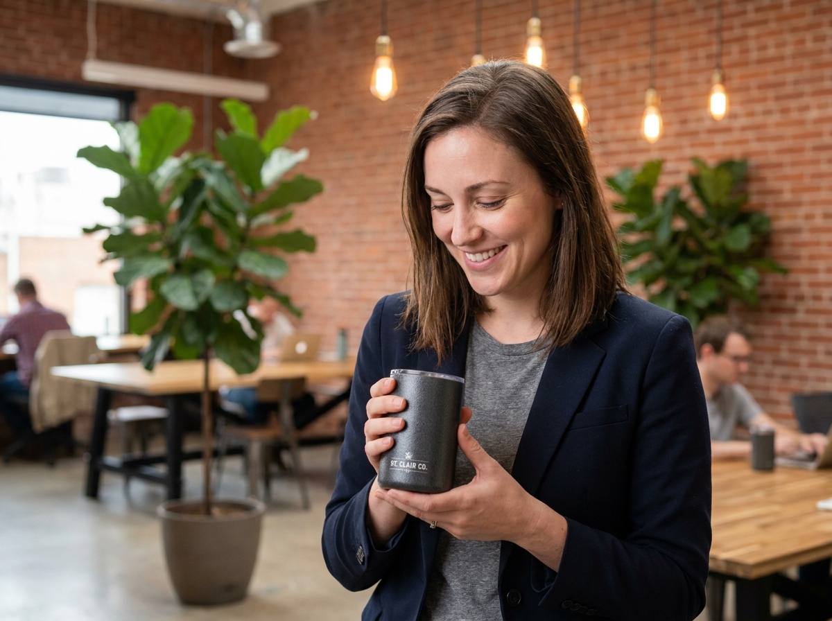 Femme tenant un mug isotherme publicitaire personnalisé dans un espace de coworking moderne