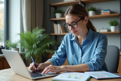 Femme organisée avec planner et tablette dans un bureau