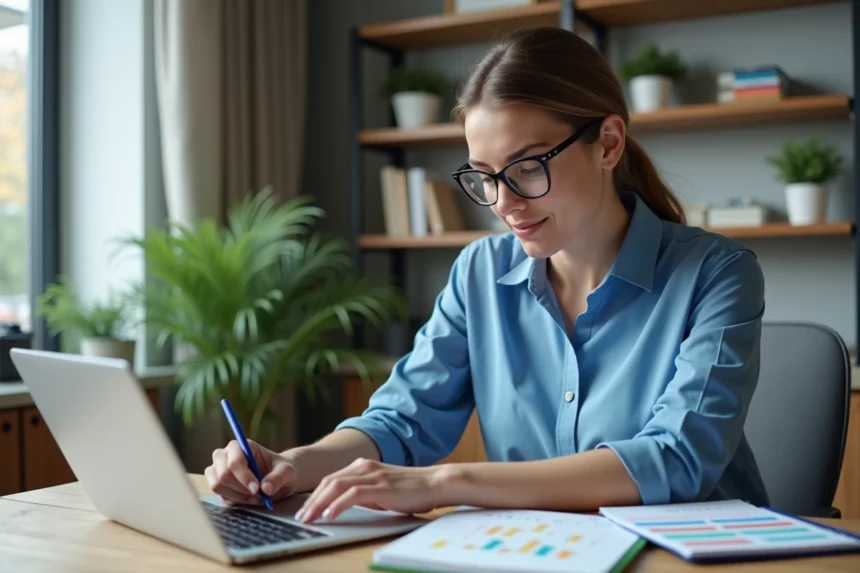 Femme organisée avec planner et tablette dans un bureau