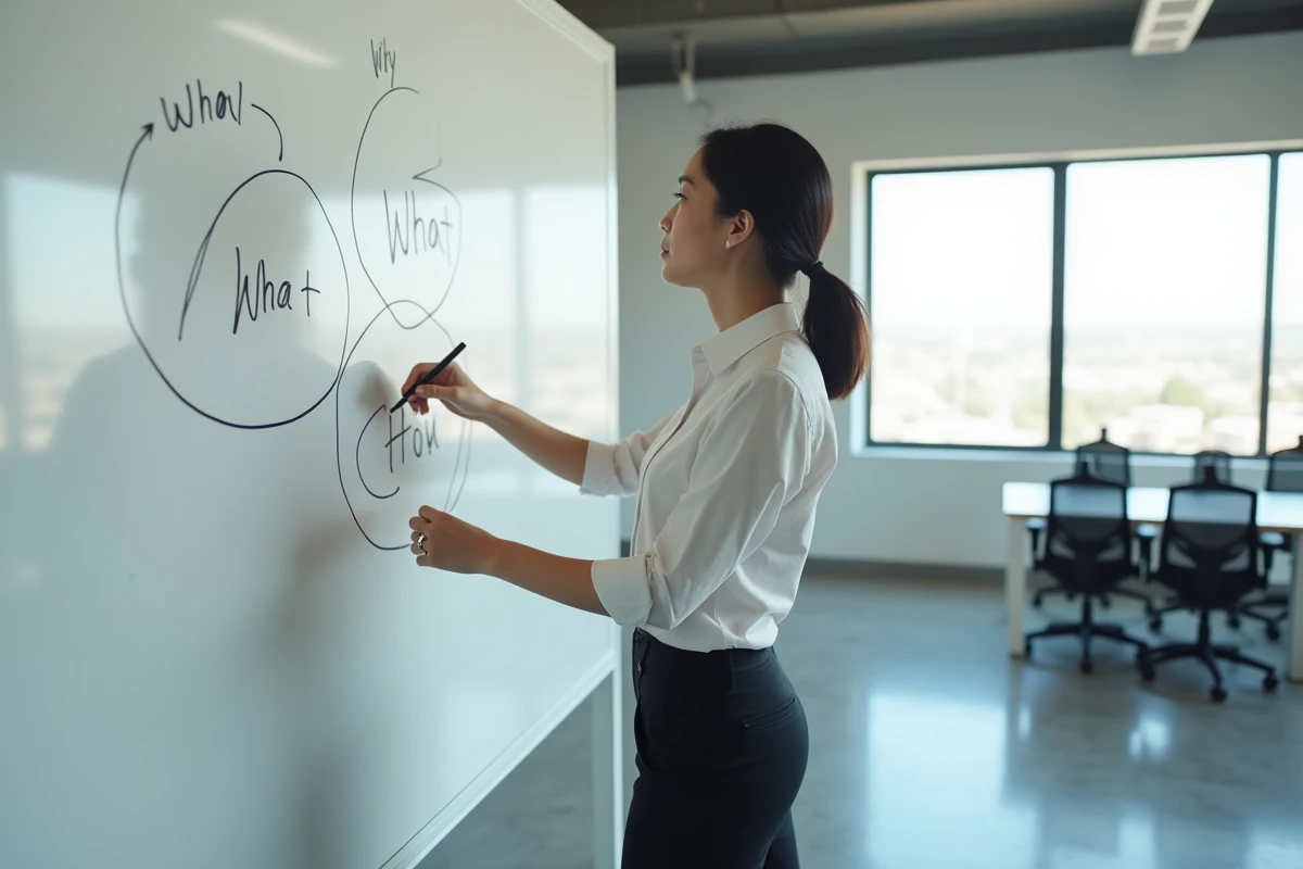 Jeune femme réfléchissant devant un tableau blanc