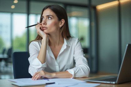 Femme pensive au bureau avec papiers et ordinateur