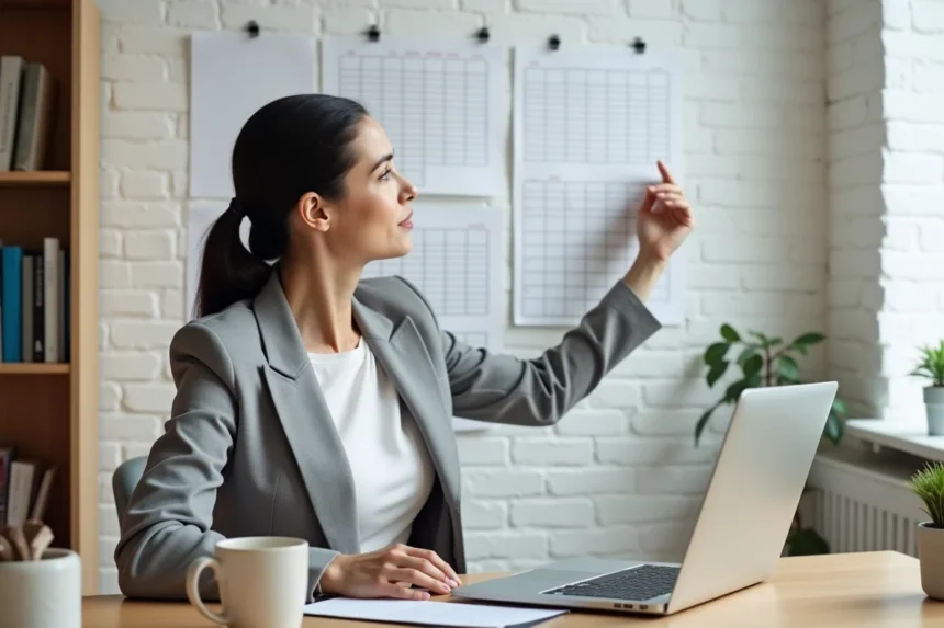 Femme en blazer gris planifiant ses jours travaillés et ses vacances sur un calendrier mural 2026 dans un bureau à domicile