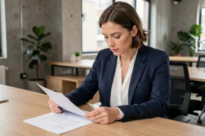 Femme professionnelle en portage salarial signant un contrat dans un espace de coworking moderne