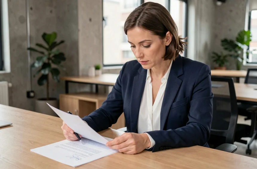 Femme professionnelle en portage salarial signant un contrat dans un espace de coworking moderne