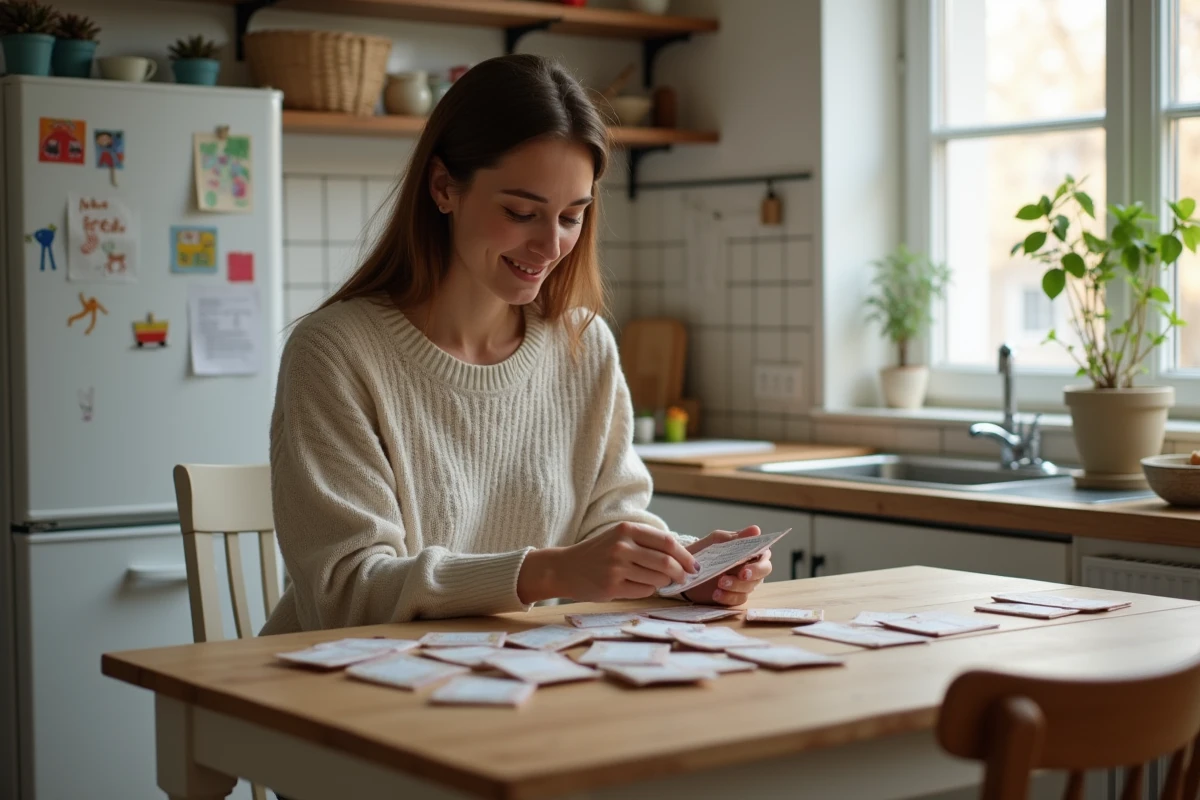 Femme assise à la cuisine préparant des échantillons de produits
