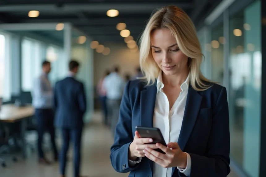 Femme professionnelle consultant les tarifs d'abonnement réseau B2B sur smartphone dans un espace de coworking moderne