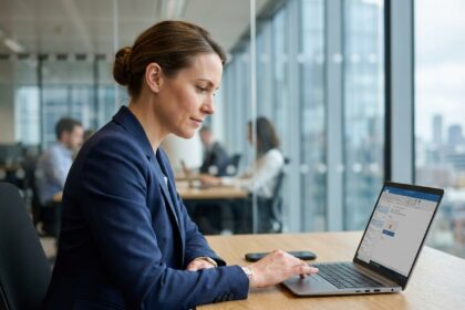 Femme d affaires concentrée sur son ordinateur en bureau moderne