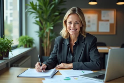 Femme d affaires concentrée sur son ordinateur en bureau moderne