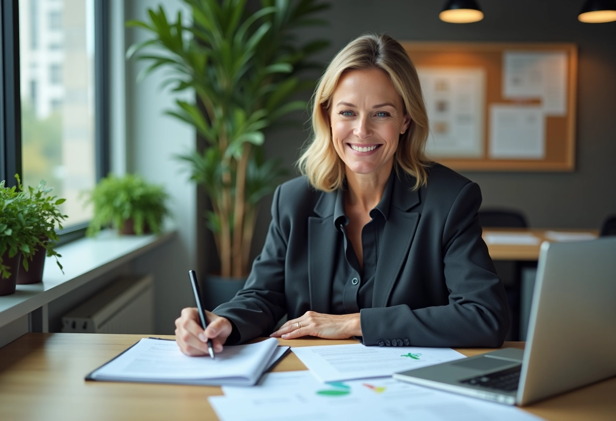 Femme d affaires concentrée sur son ordinateur en bureau moderne