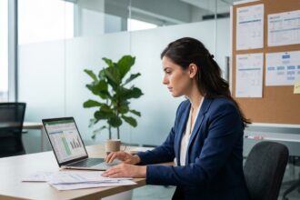 Femme professionnelle en réunion de travail dans un bureau moderne