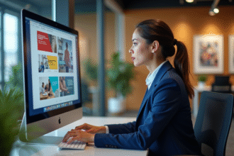 Femme professionnelle en bureau analysant des visuels marketing