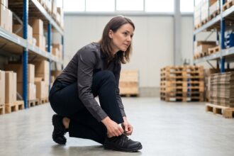Femme professionnelle ajustant ses chaussures de sécurité modernes