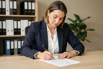 Femme professionnelle rédigeant une formule de politesse sous sa signature sur une lettre formelle dans un bureau moderne