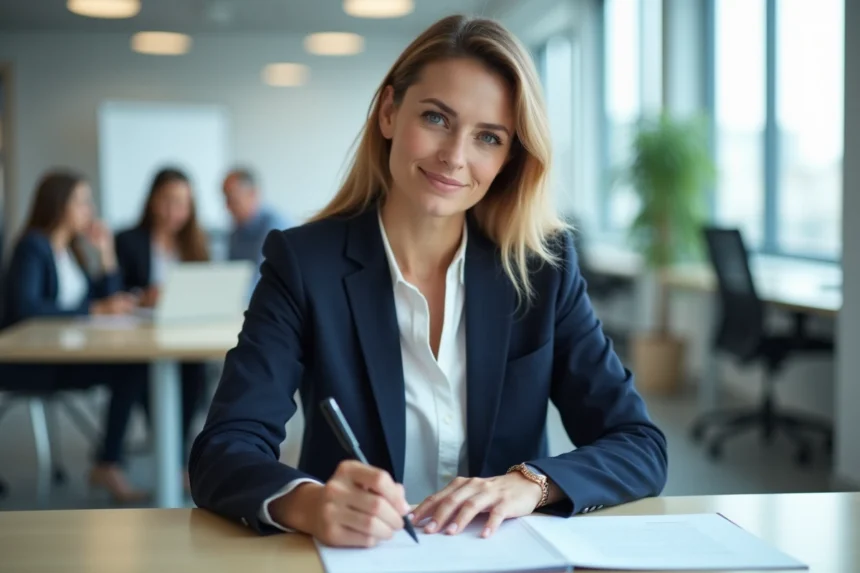 Femme professionnelle rédigeant une lettre de démission à son bureau dans un open space moderne