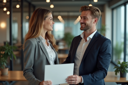 Femme professionnelle remet un certificat à un collègue dans un bureau