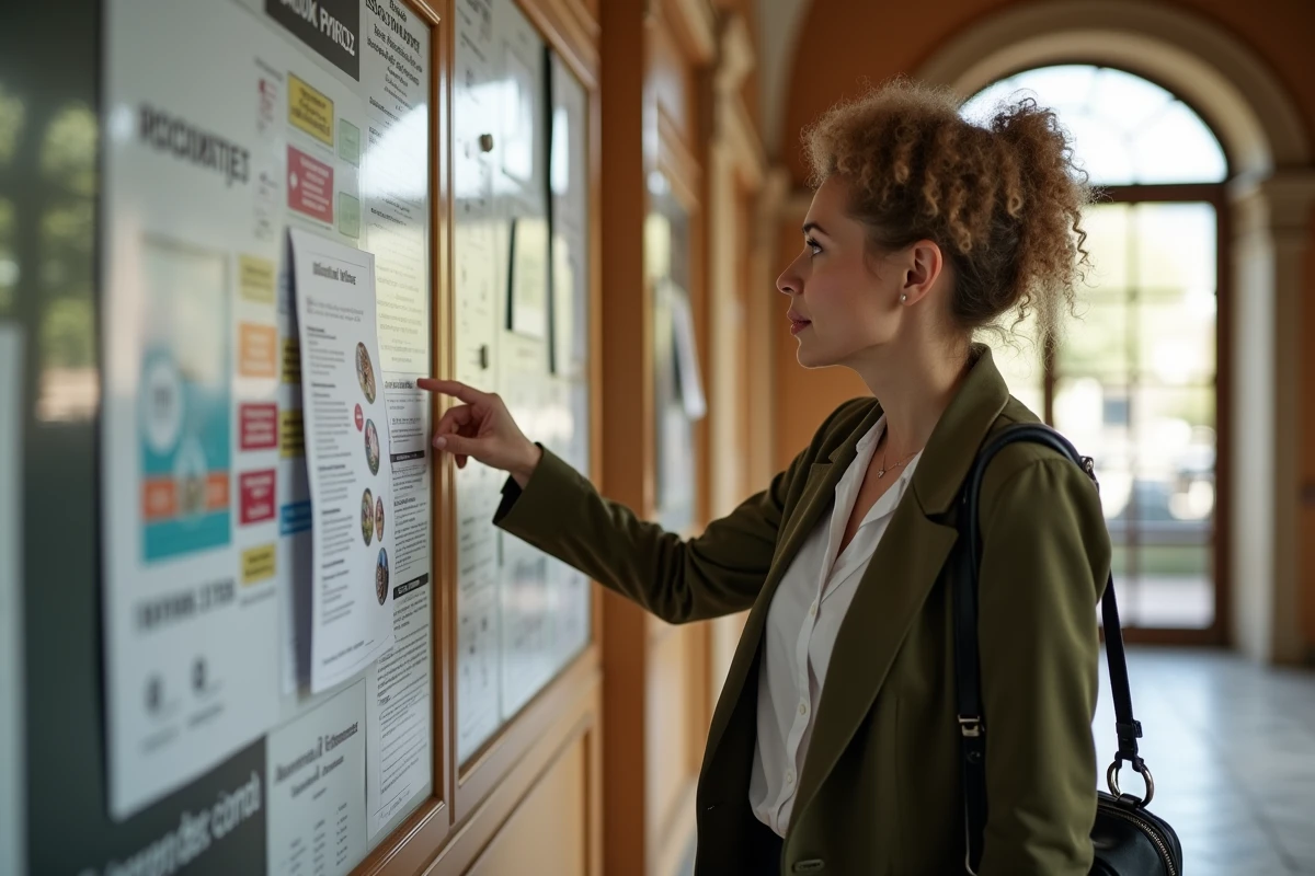 Femme consultant des ressources et contacts de l'économie sociale et solidaire affichés dans un hall administratif à Toulouse