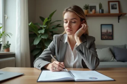 Femme en blazer examine des documents de location dans un appartement moderne