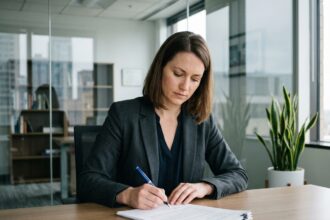 Femme d'affaires signant des documents dans un bureau moderne
