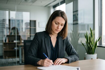 Femme d'affaires signant des documents dans un bureau moderne