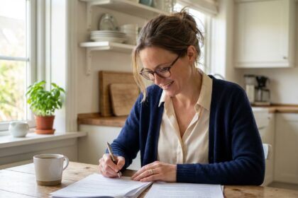 Femme d'une quarantaine signe des documents dans la cuisine