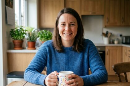 Femme souriante avec mug personnalisé dans la cuisine chaleureuse