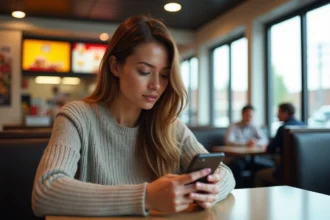 Femme au smartphone en feedback dans un fast food