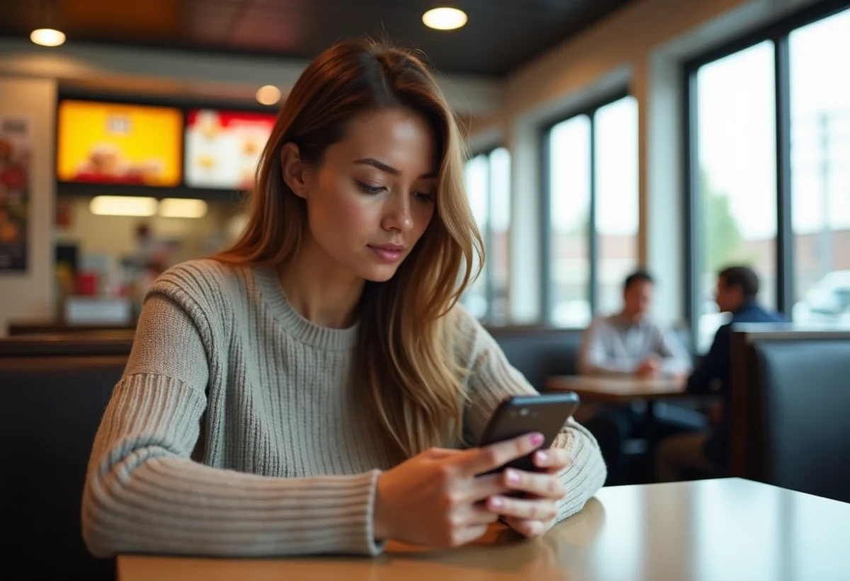 Femme au smartphone en feedback dans un fast food