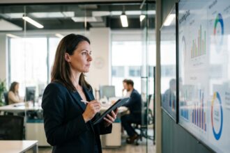 Femme d'affaires utilisant une tablette dans un bureau moderne