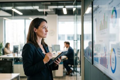 Femme d'affaires utilisant une tablette dans un bureau moderne