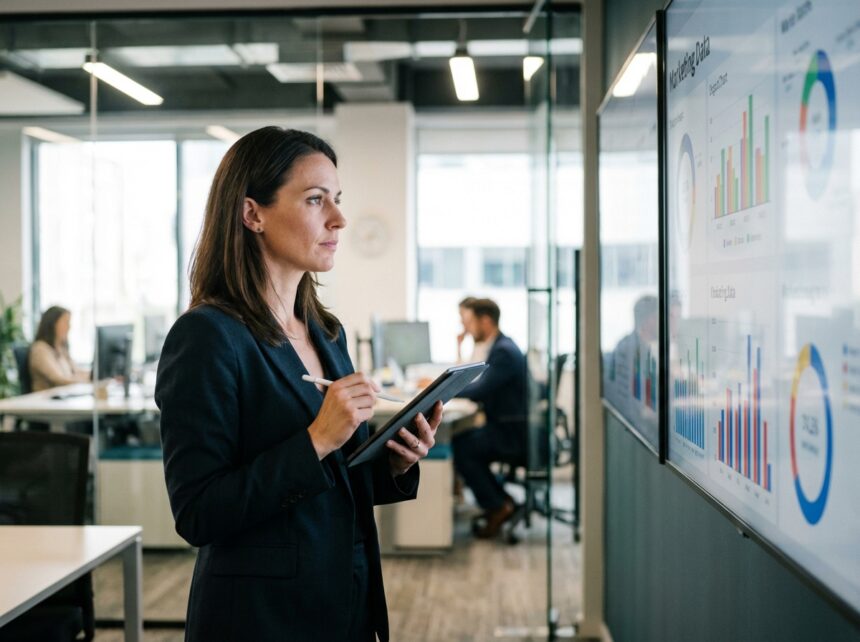 Femme d'affaires utilisant une tablette dans un bureau moderne