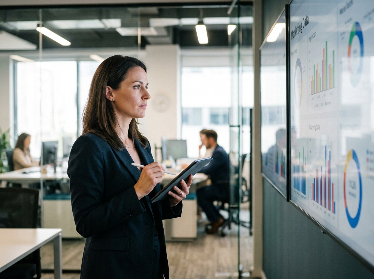 Femme d'affaires utilisant une tablette dans un bureau moderne