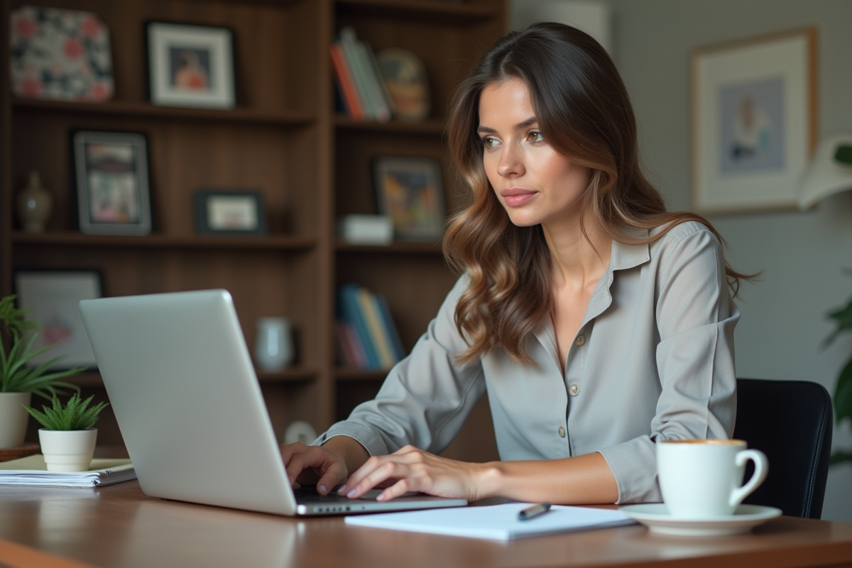 Femme en travail à domicile assise à son bureau