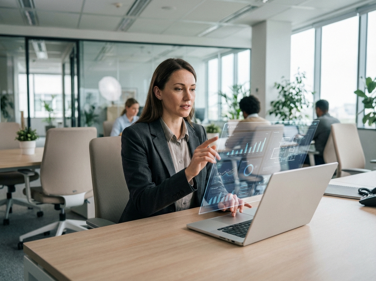 Jeune femme utilisant un tableau digital dans un espace de travail hightech